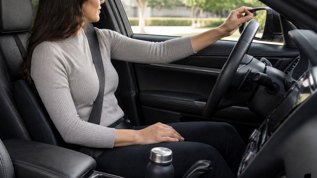 Driver preparing for a long trip by adjusting the mirror with water and lumbar support ready
