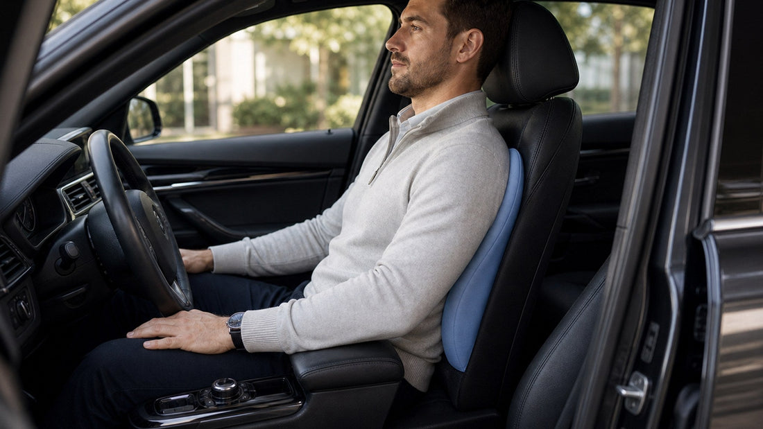 Driver sitting upright with lumbar support positioned at the natural curve of the lower back